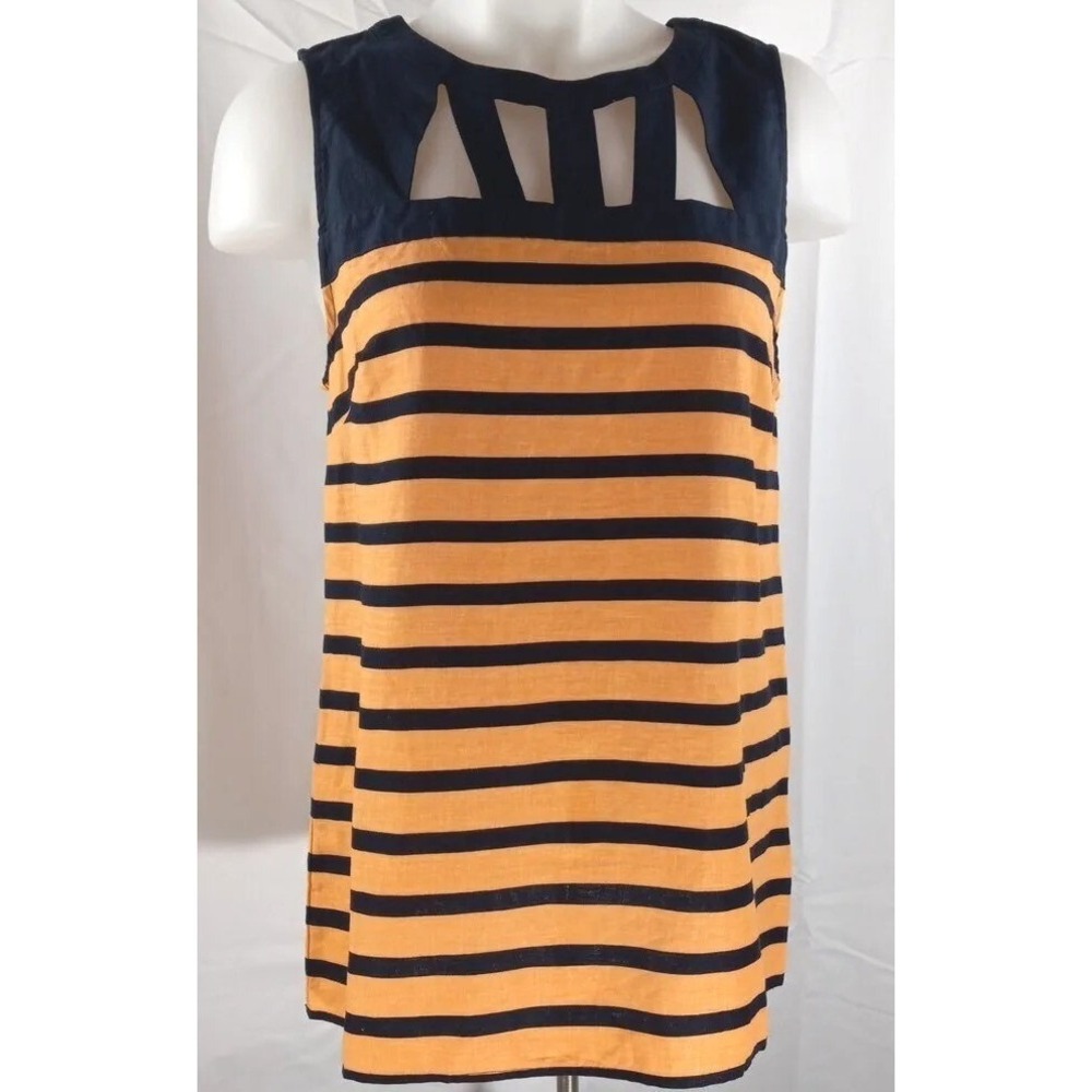Kenar Womens Blue Orange Stripe Sleeveless Linen Blend Top Size Small